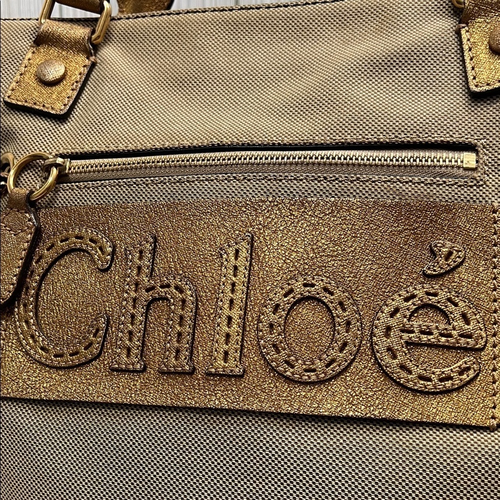 Chloé Gold Metallic Tote Bag Large Logo Shoulder Bag Designer Handbag - Picture 3 of 16